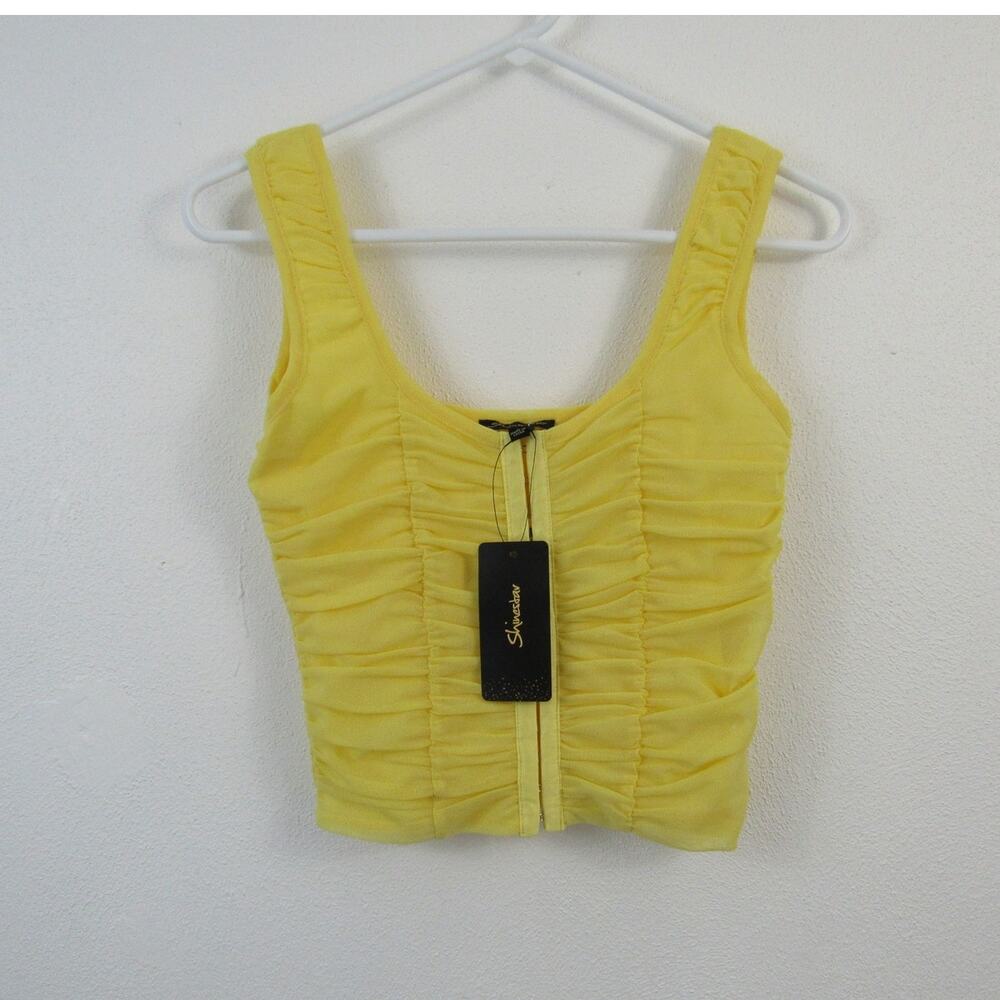 NWT Shinestar Small Bright Yellow Crop Tank Top Mesh Pinched Clasp
